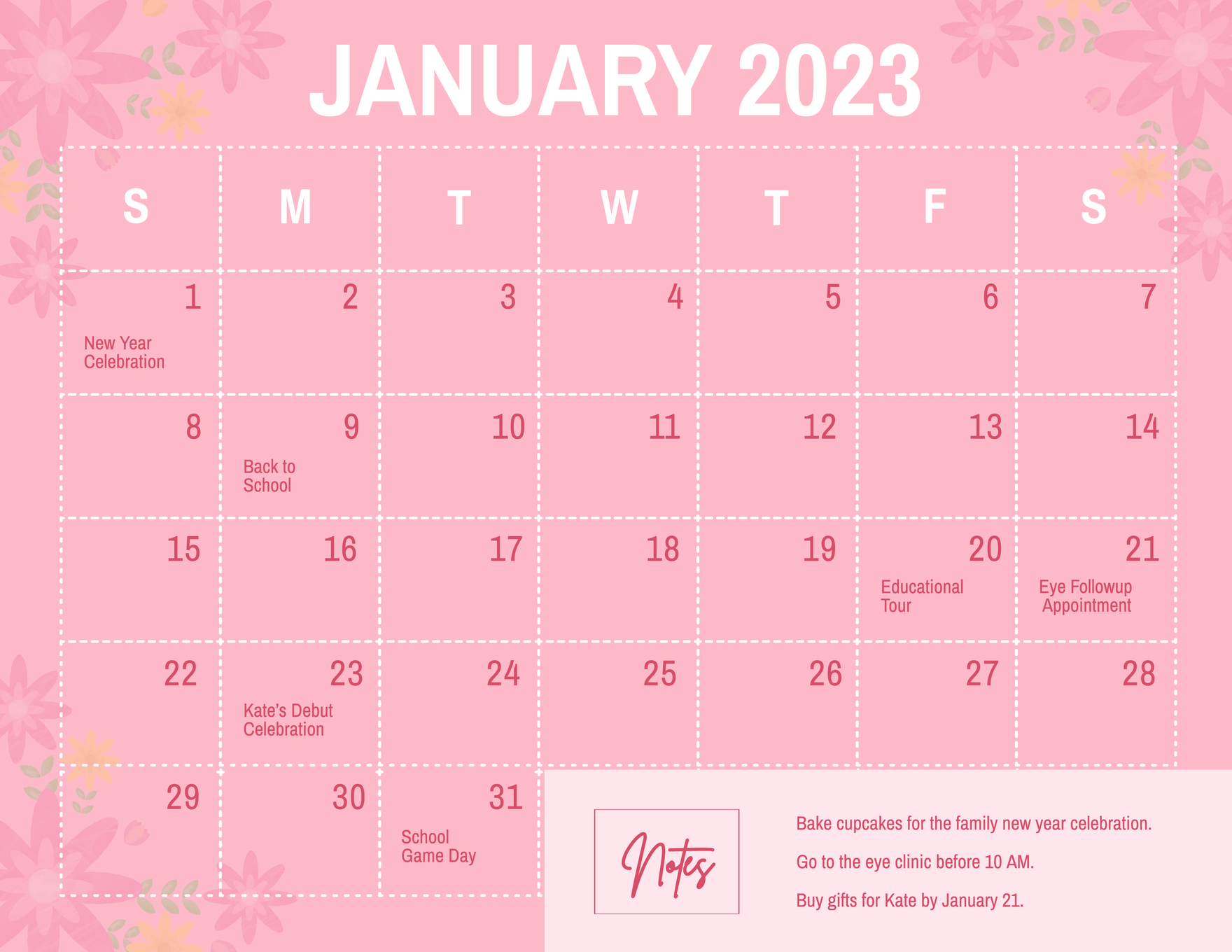 Pretty January 2023 Calendar in PSD, Illustrator, Word Download