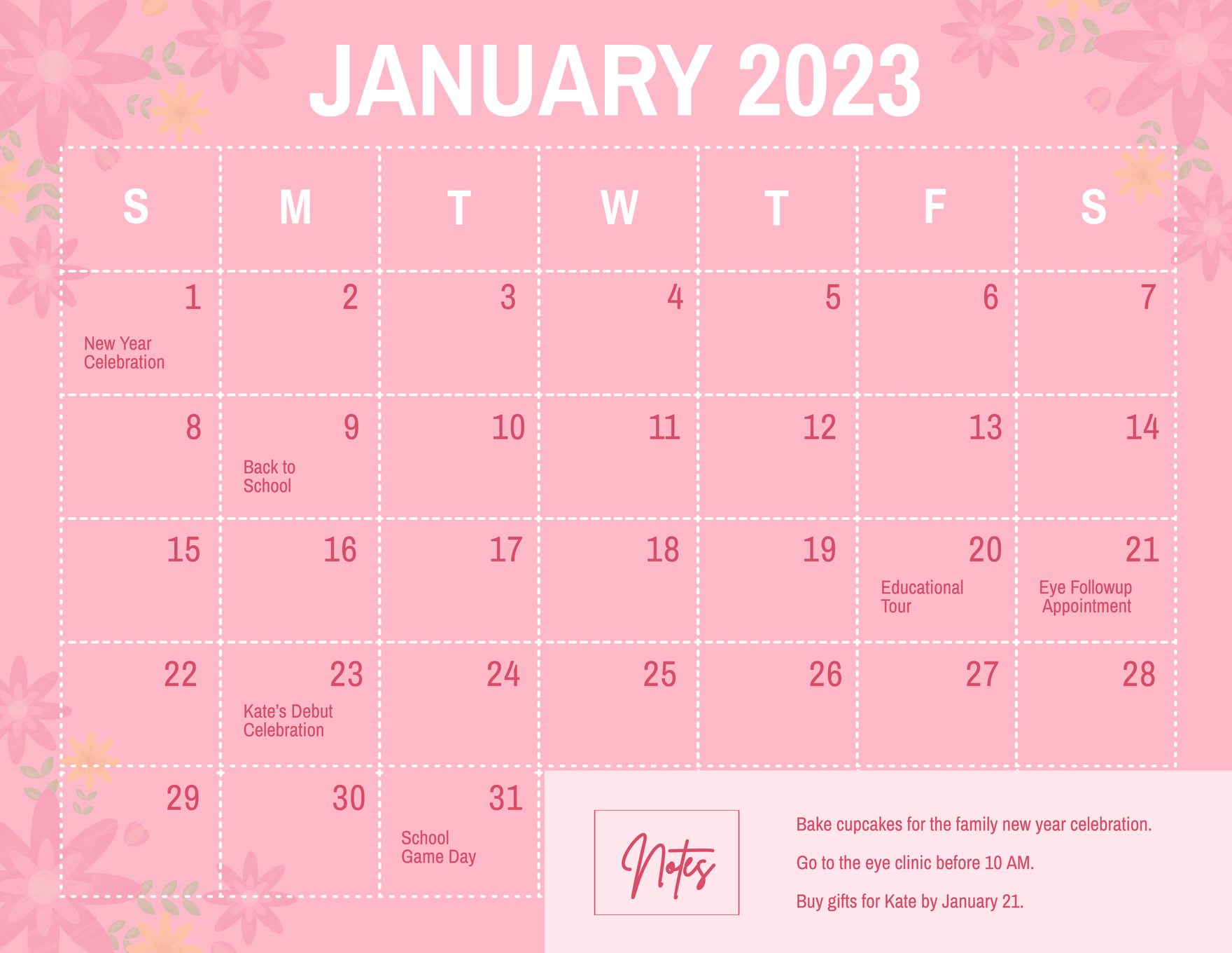 Pink January 2023 Calendar in PSD, Illustrator, Word - Download | Template.net