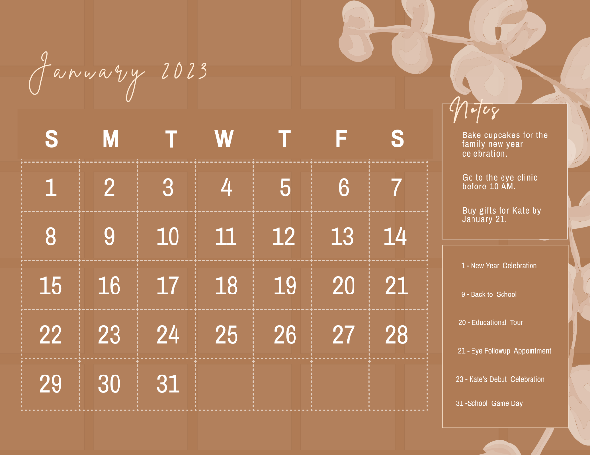 Calligraphy January 2023 Calendar Template