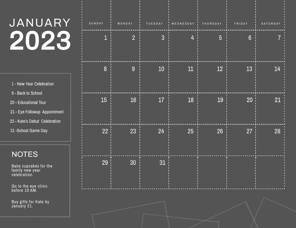 Simple January 2023 Calendar Template