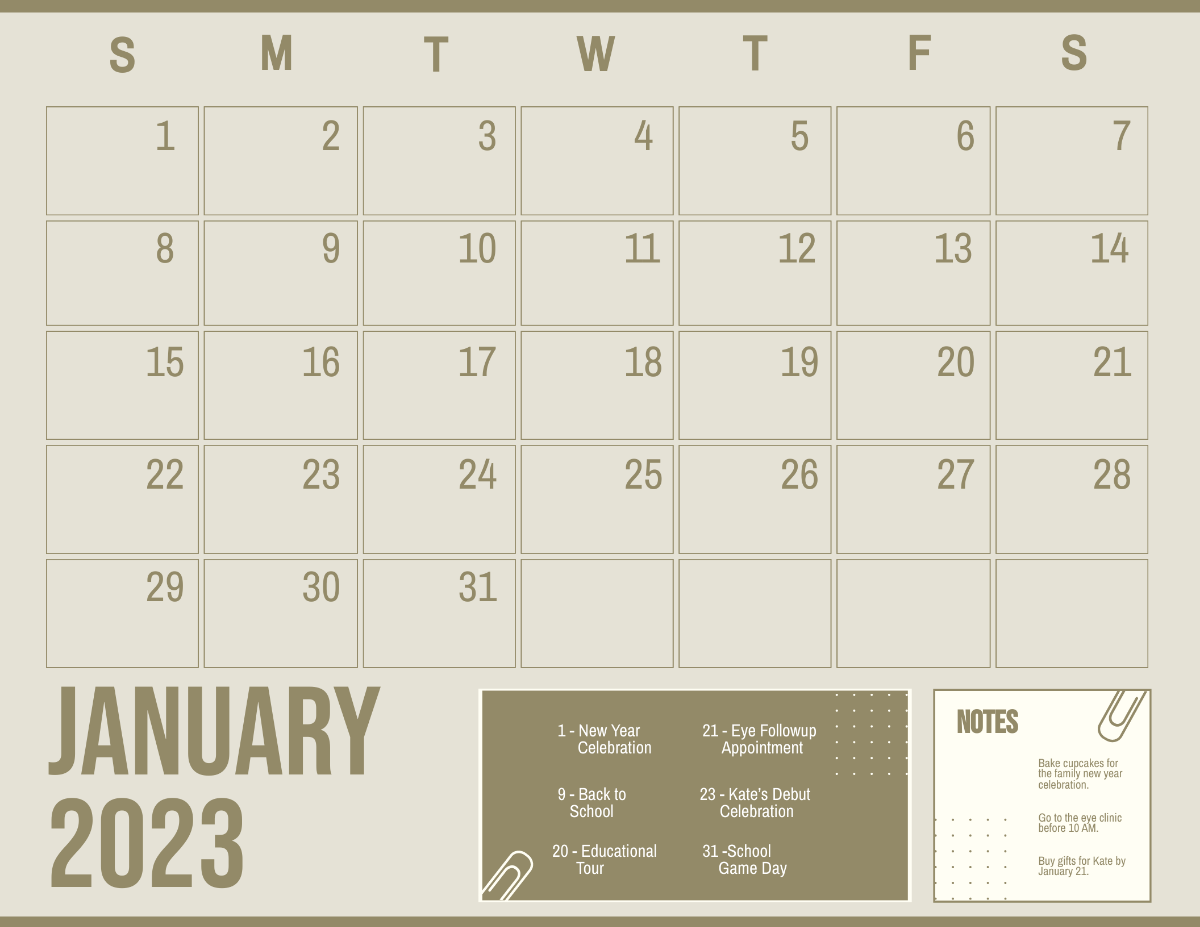 Printable January 2023 Monthly Calendar Template