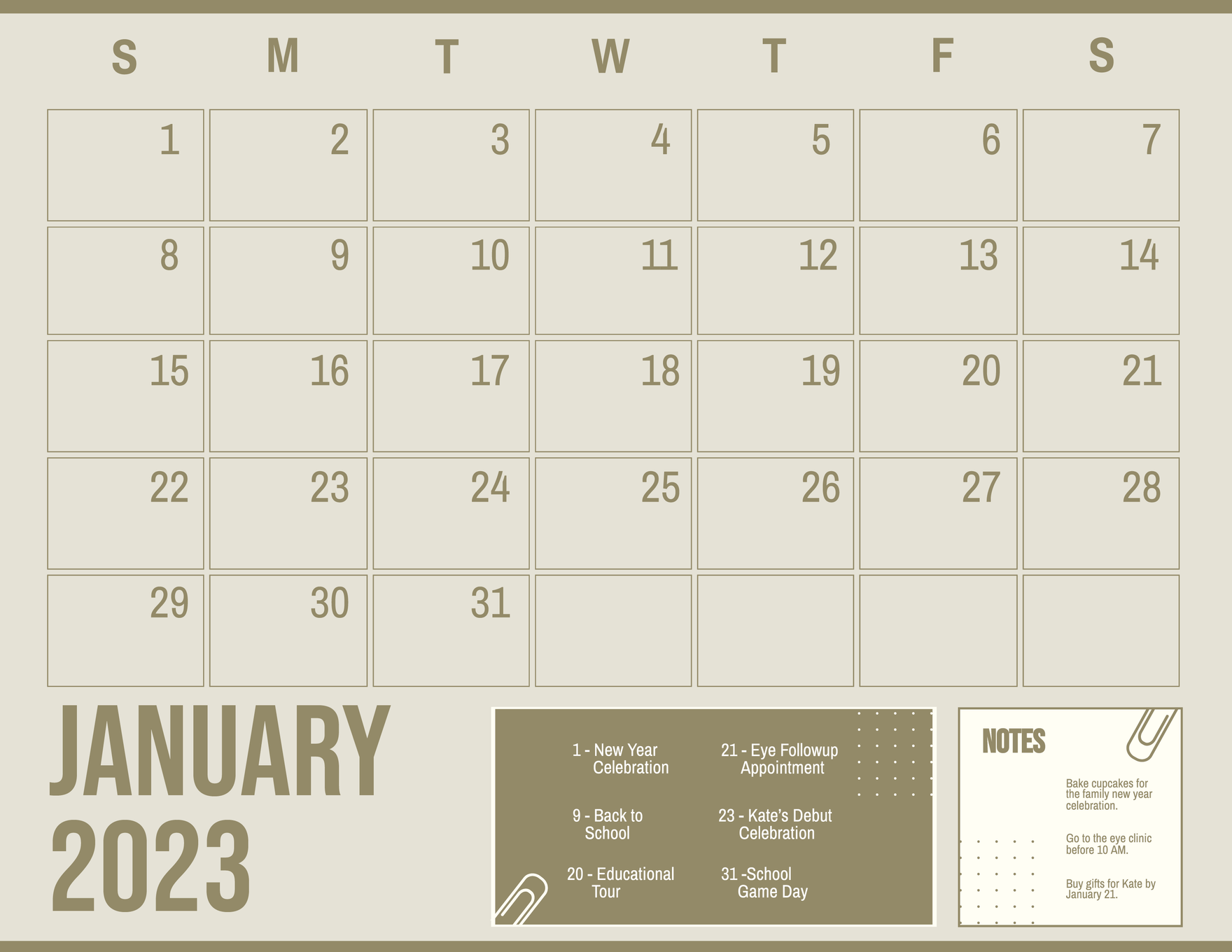 Printable January 2023 Monthly Calendar Template Word Illustrator 