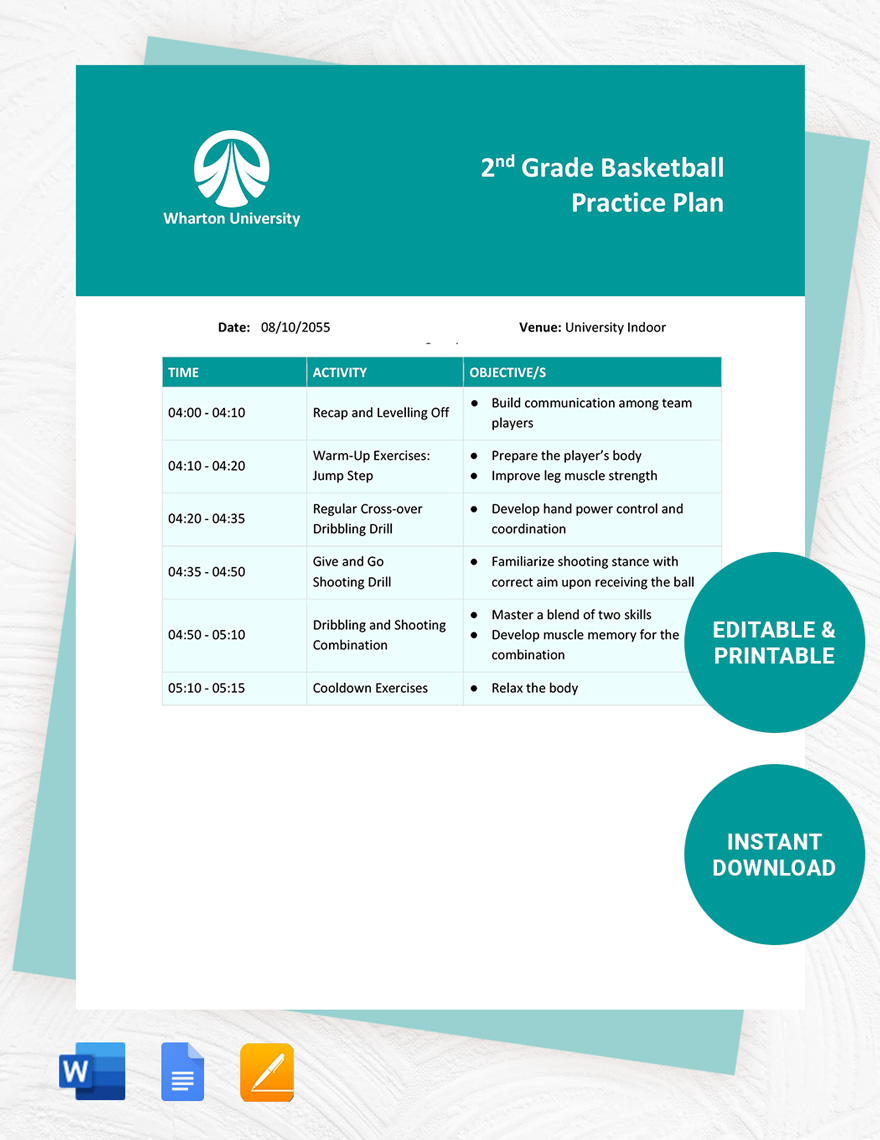 2nd Grade Basketball Practice Plan Google Docs Word Apple Pages 