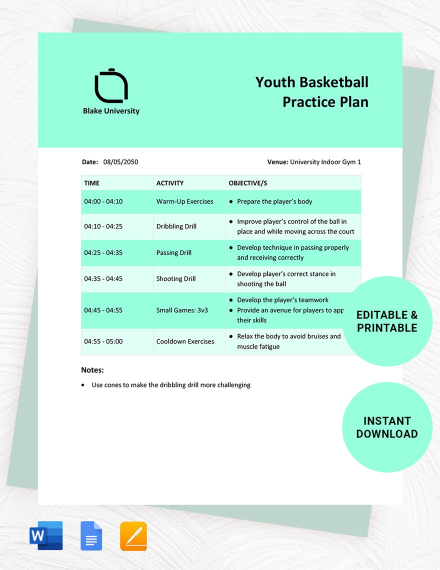 Youth Basketball Practice Plan Template prntbl