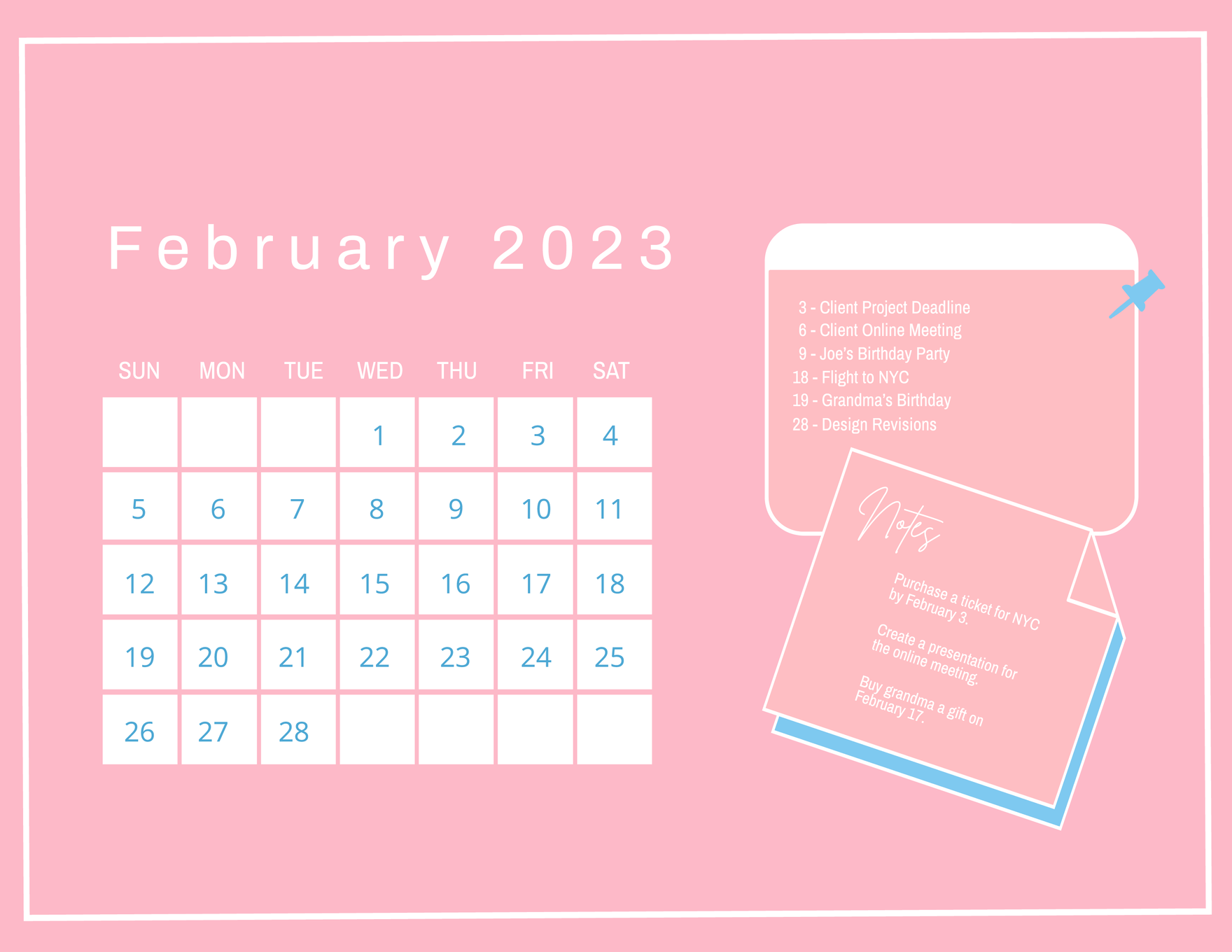 Cute February 2023 Calendar Template in Word, Illustrator, PSD
