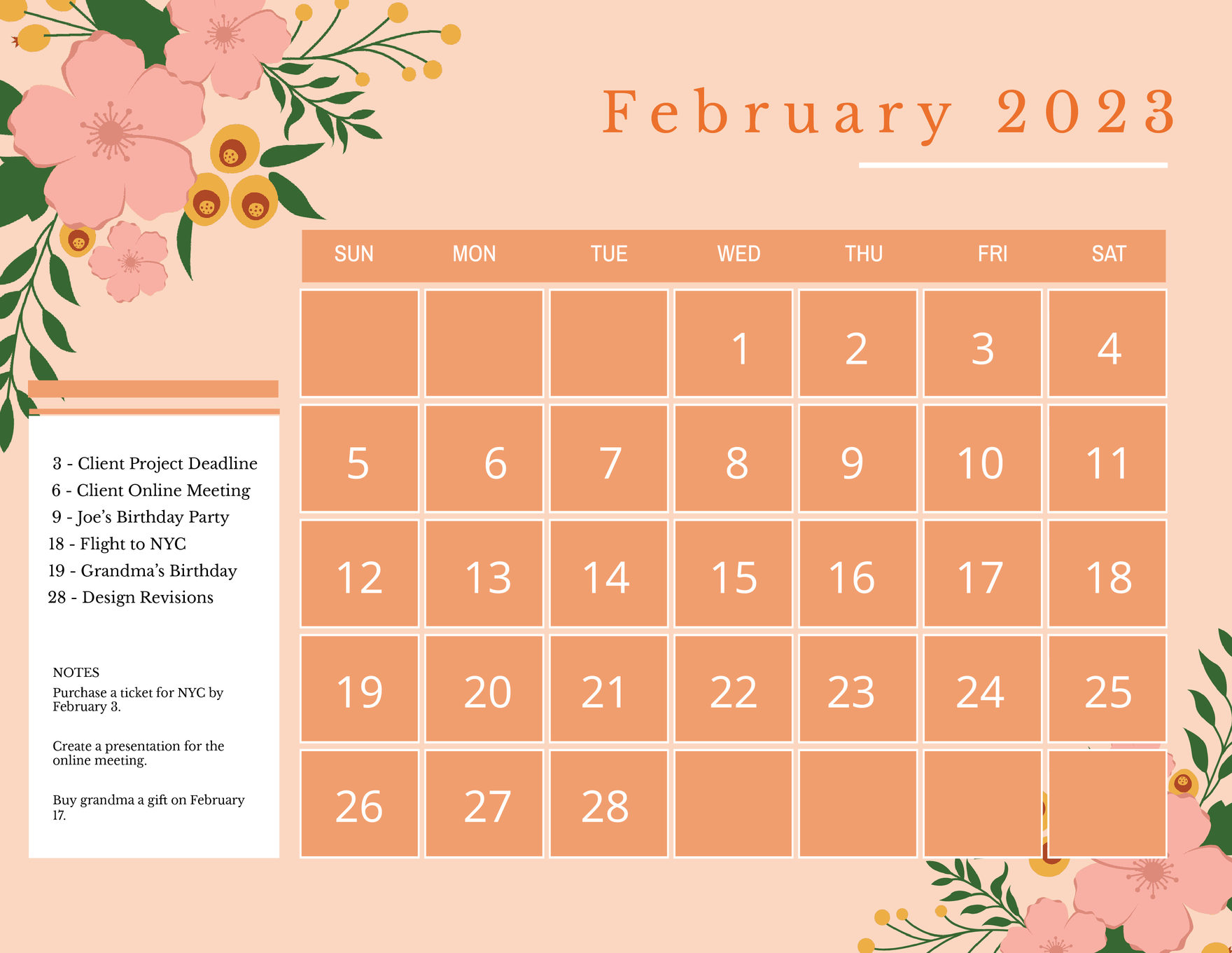 Floral February 2023 Calendar Template in PSD, Illustrator, Word - Download | Template.net