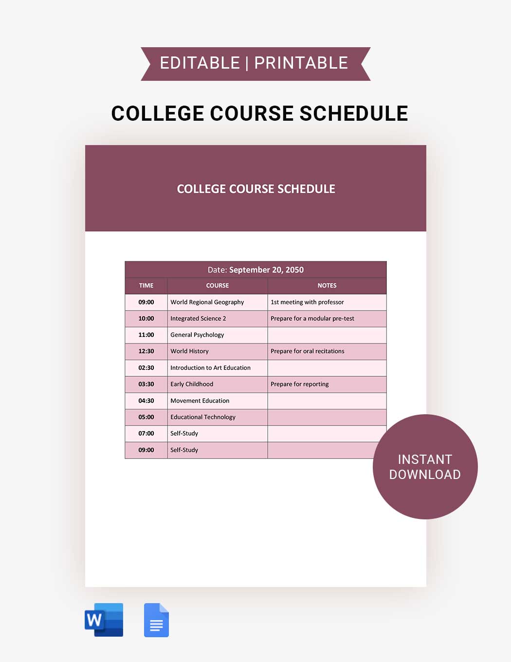 College Course Schedule Template Google Docs Word Apple Pages 