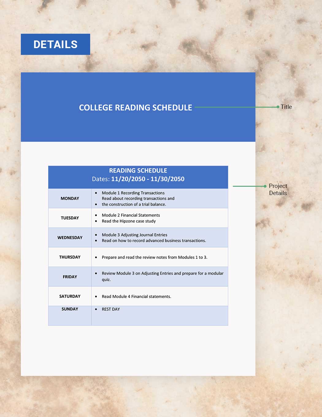 College Reading Schedule Template