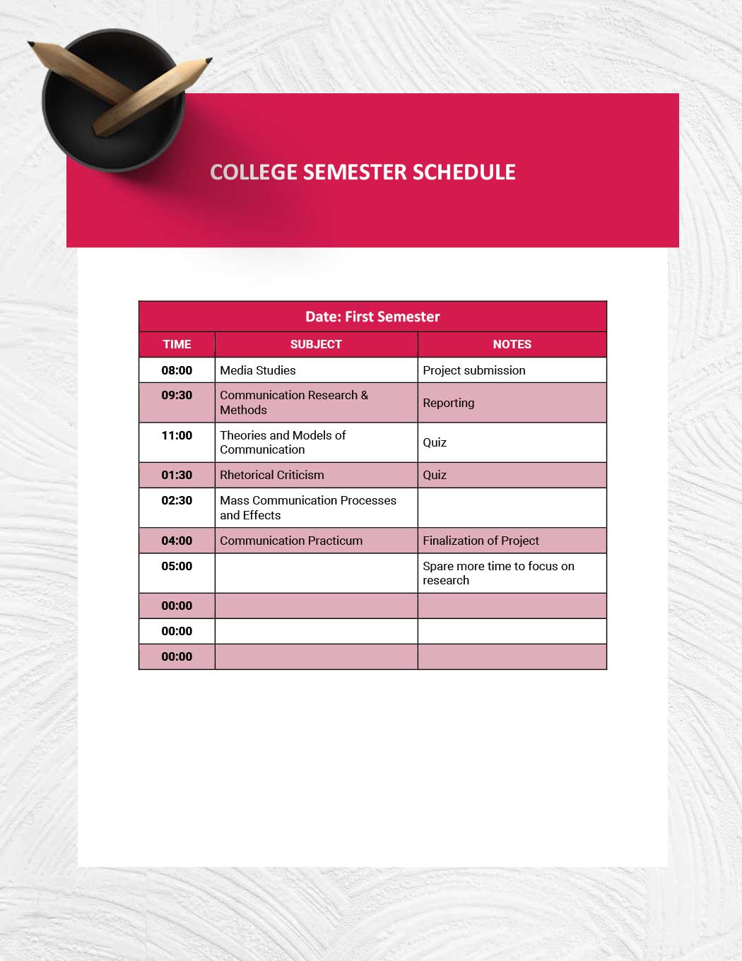 College Semester Schedule Template in Word, Google Docs, Pages