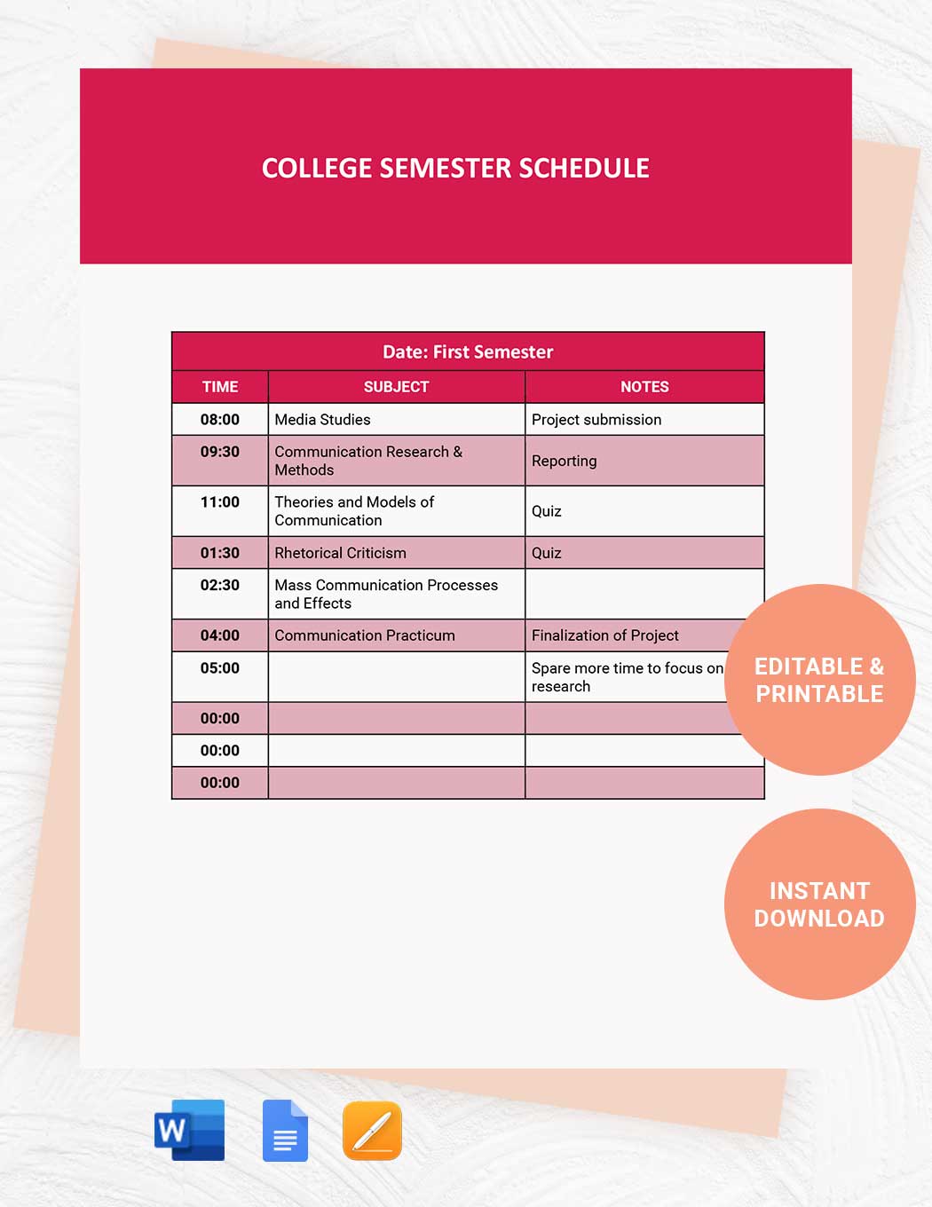 College Semester Schedule Template