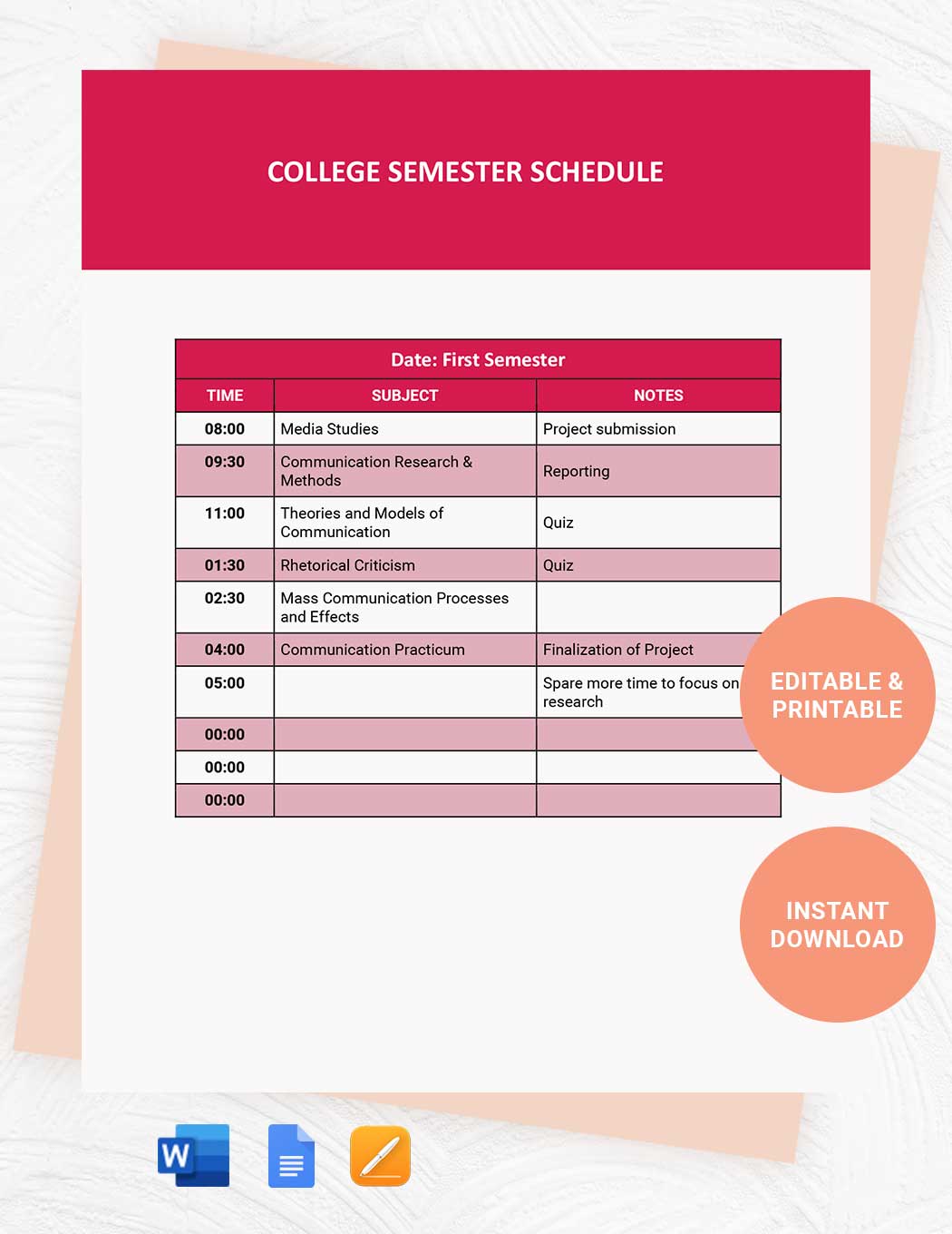 College Semester Schedule Template in Word, Google Docs, Pages