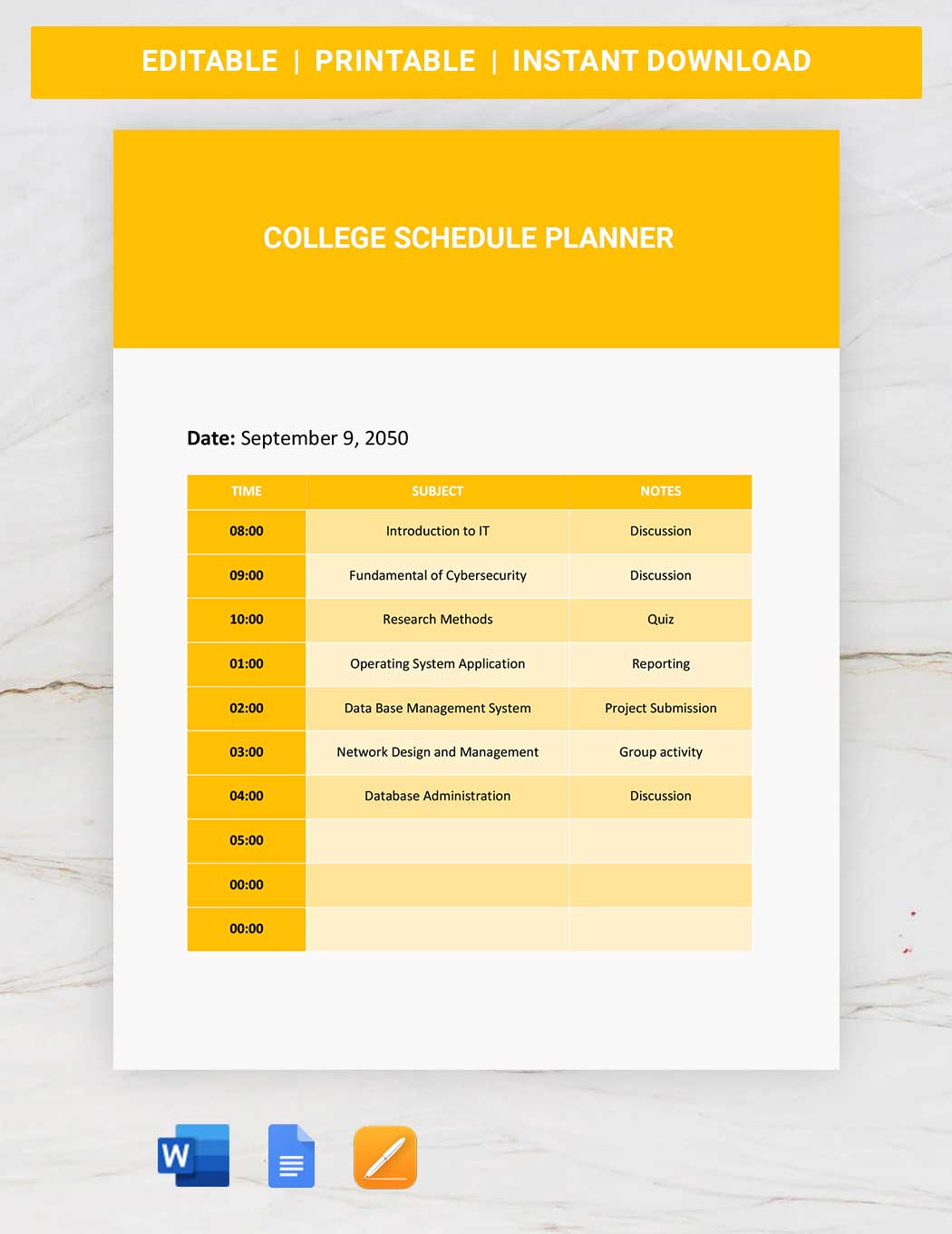College Schedule Planner Template