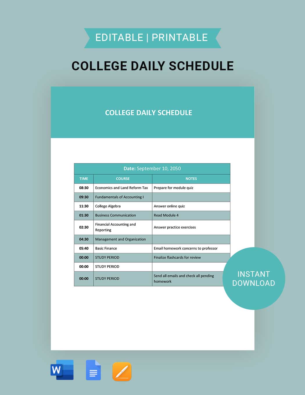 College Daily Schedule Template