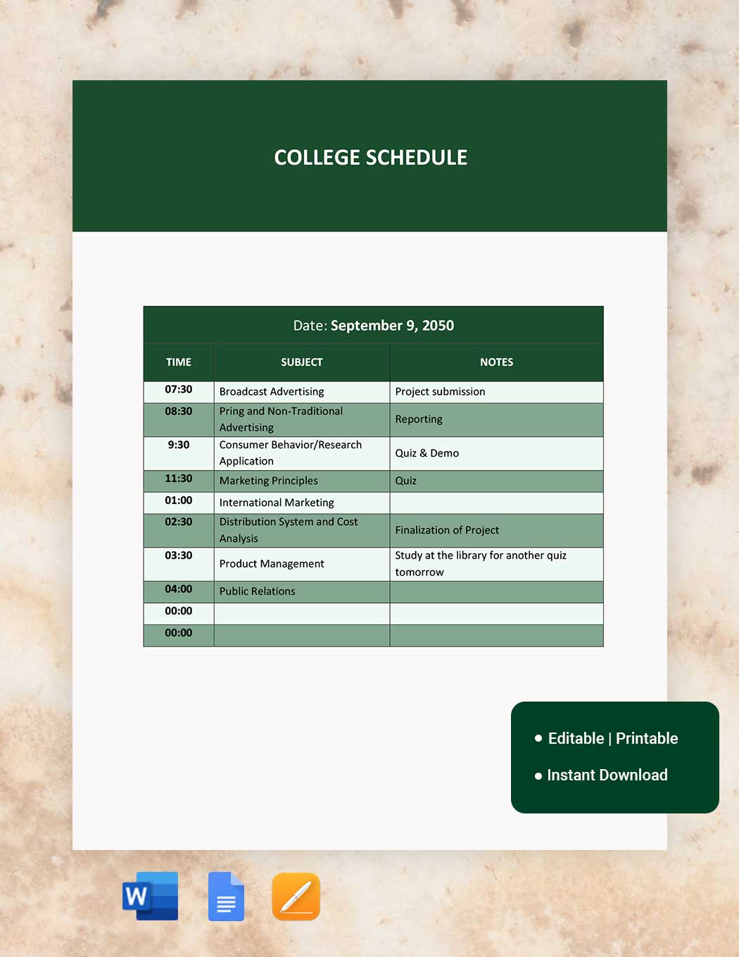 Sample College Schedule Template