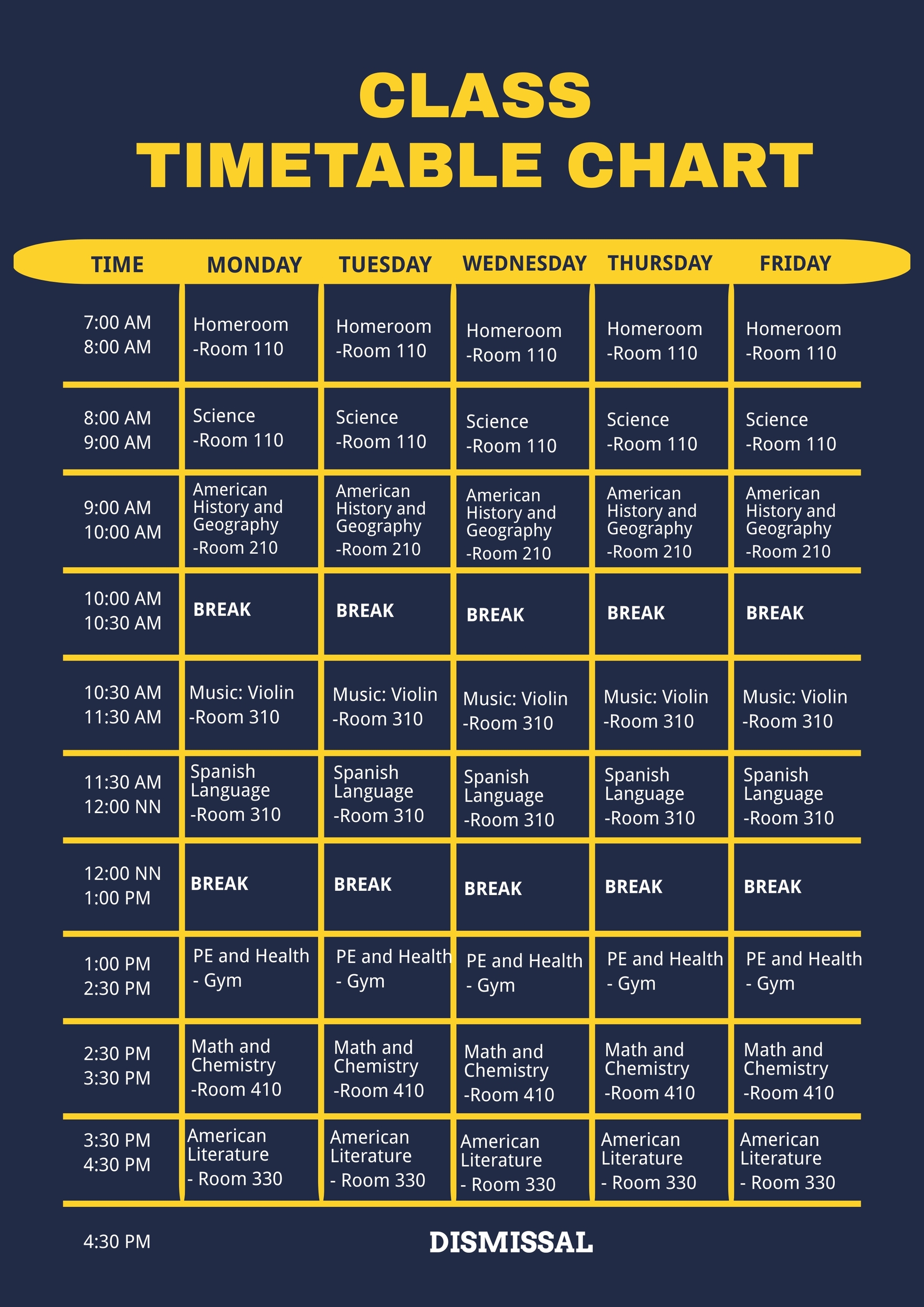 Class Timetable Chart Template in Illustrator, PDF Download