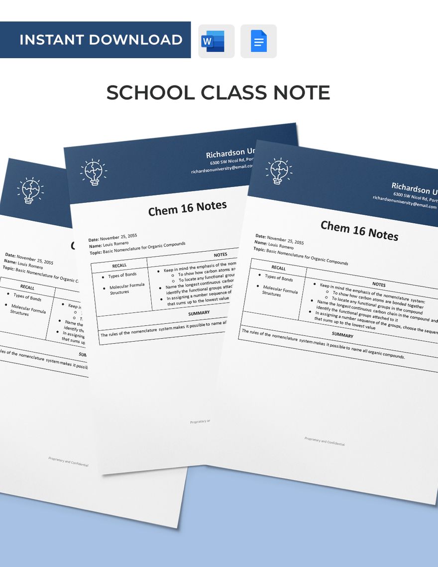 School Class Note Template in Word, Google Docs