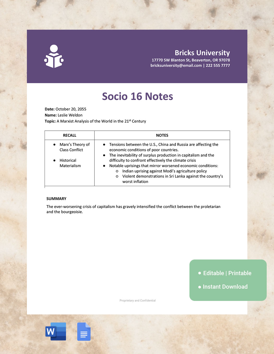 Free Student Class Note Template