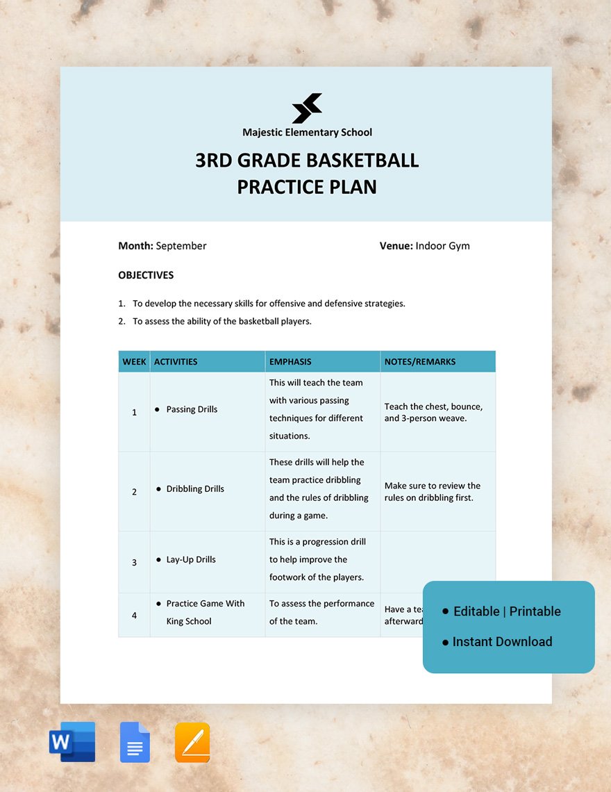 3rd Grade Basketball Practice Plan Template Google Docs, Word, Apple