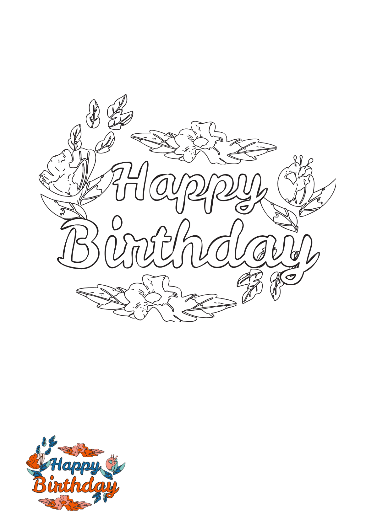 Watercolor Floral Happy Birthday Coloring Page Template