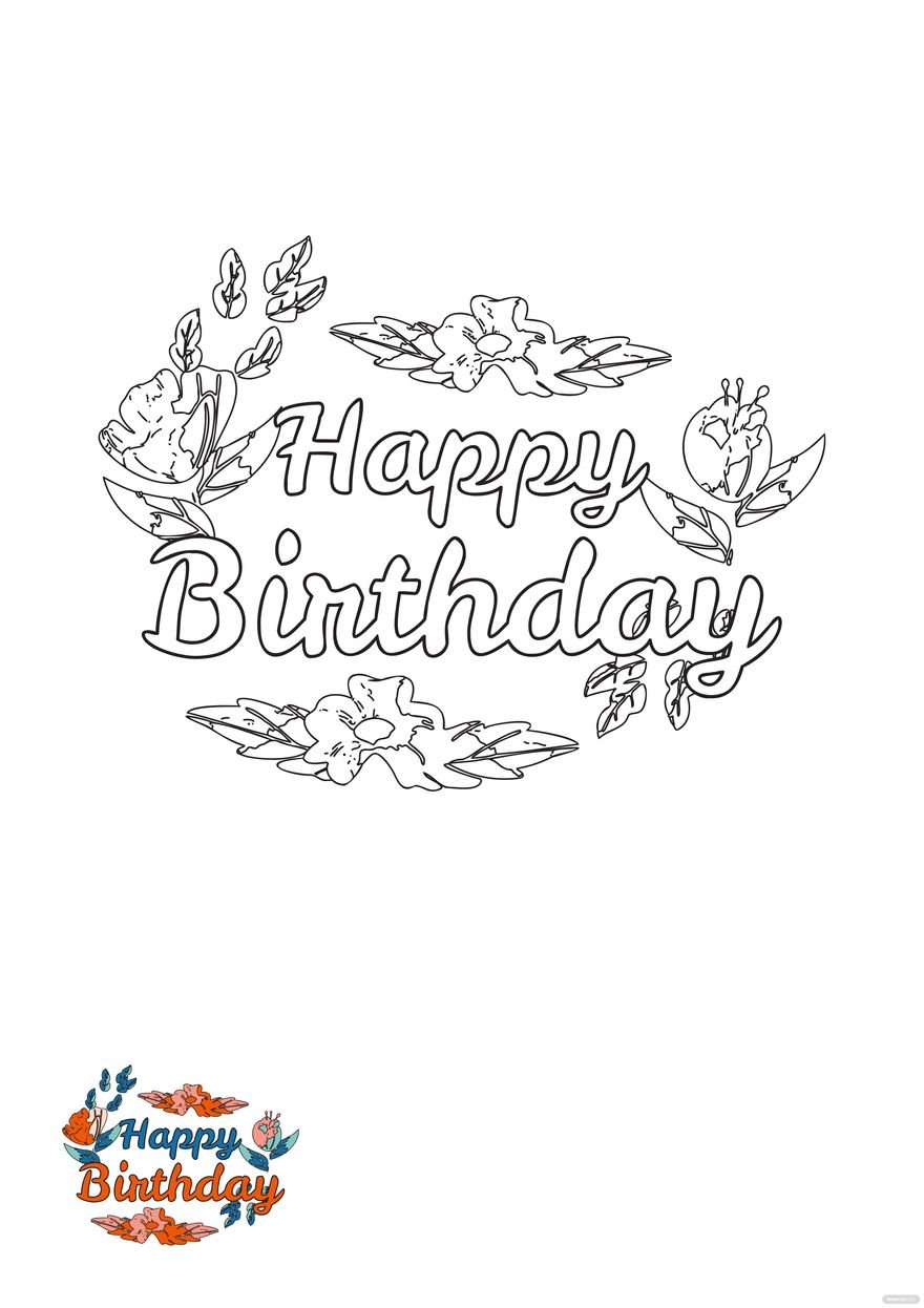 Watercolor Floral Happy Birthday Coloring Page