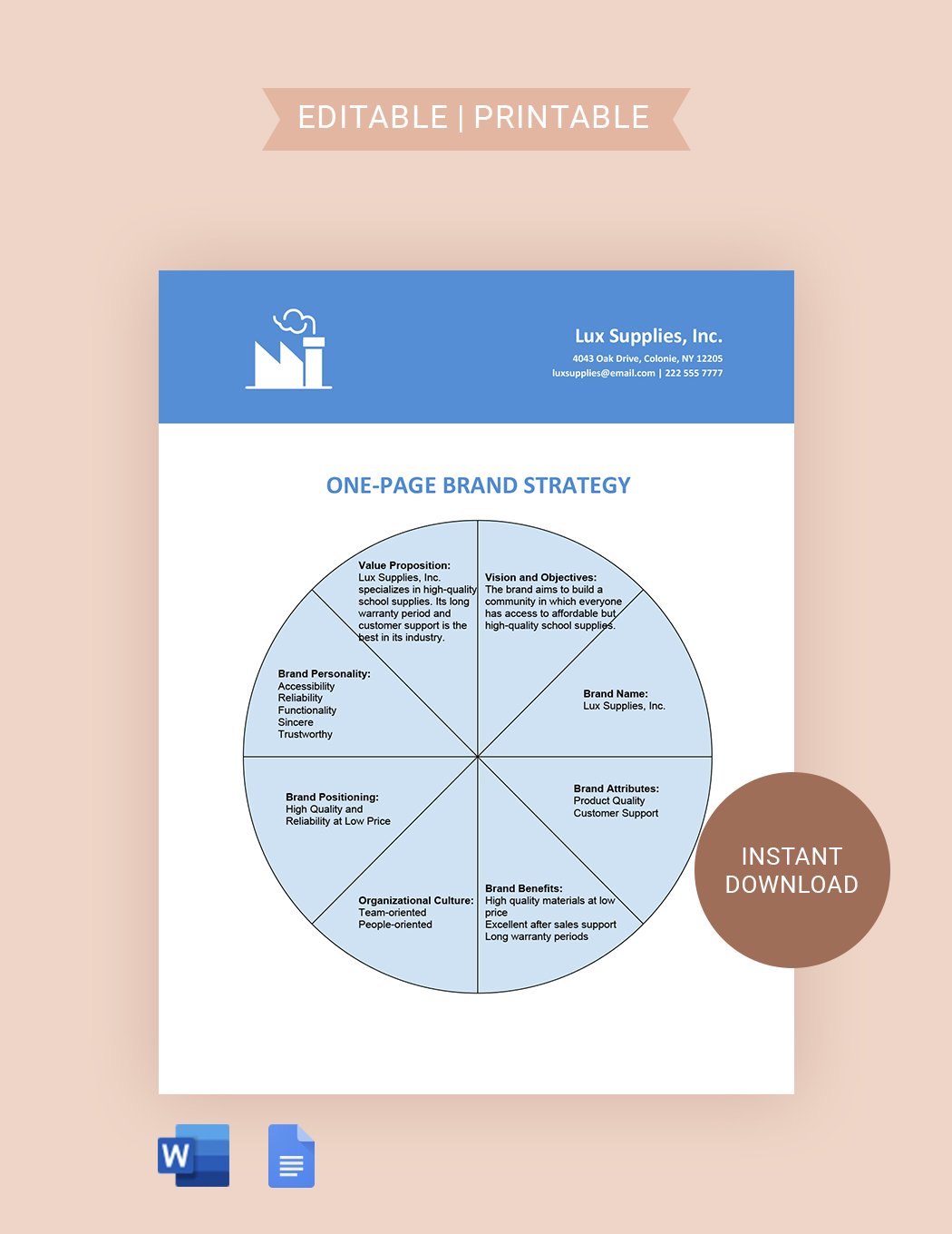 One-page Brand Strategy Template in Word, Google Docs