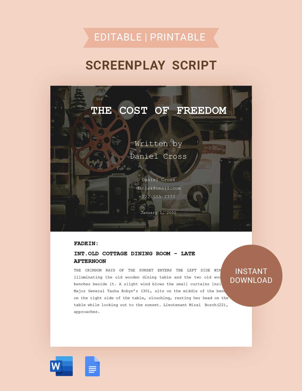 Screenplay Script  in Word, Google Docs, Apple Pages
