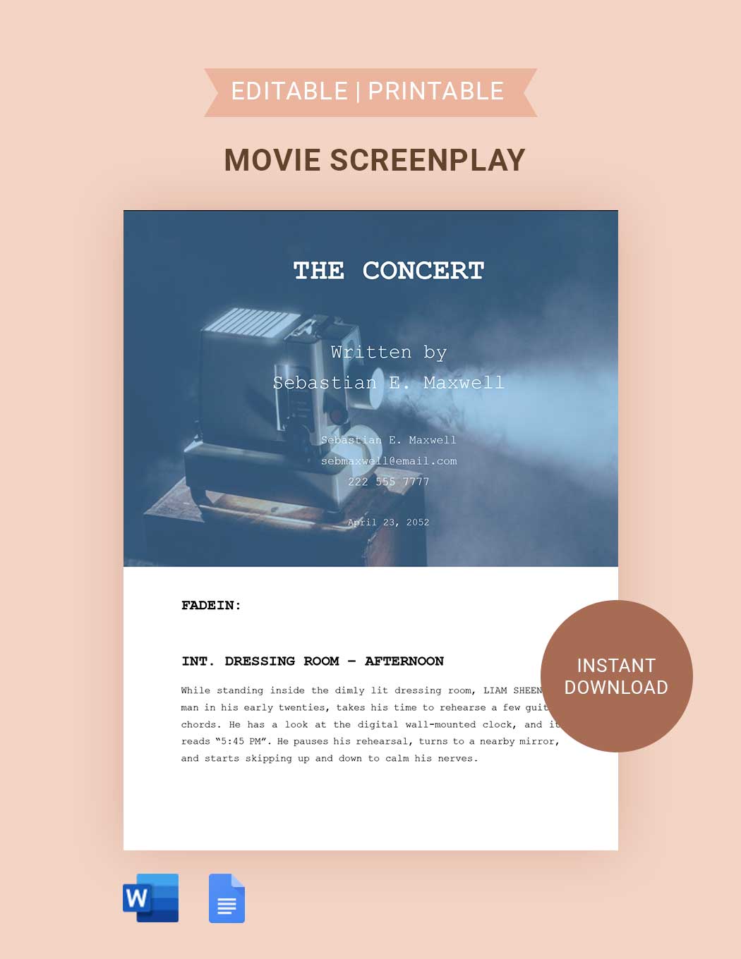 Movie Screenplay  in Word, Google Docs, Apple Pages