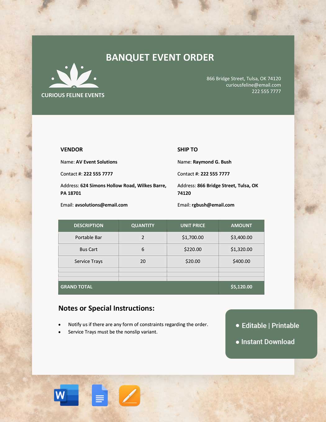 Banquet Event Order Template
