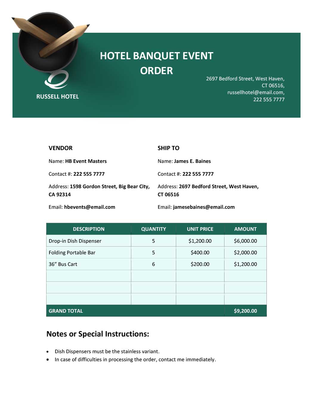 Hotel Banquet Event Order Template