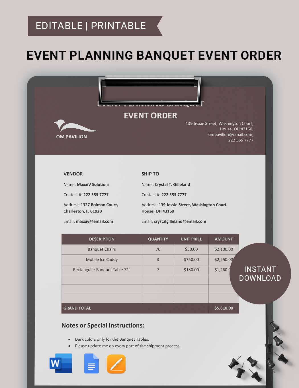 Event Planning Banquet Event Order Template