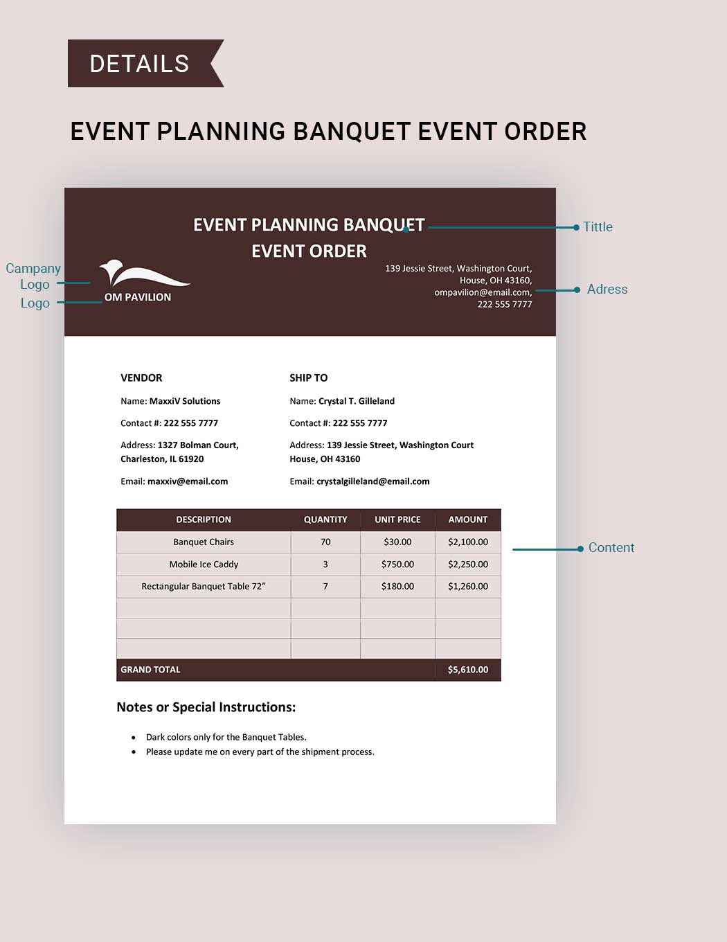 Event Planning Banquet Event Order Template