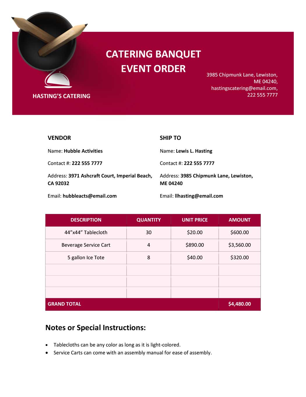 Catering Banquet Event Order Template