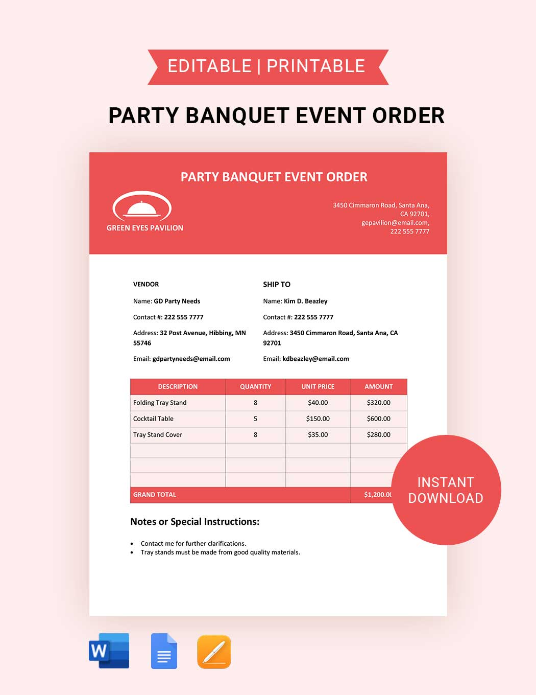 Party Banquet Event Order Template
