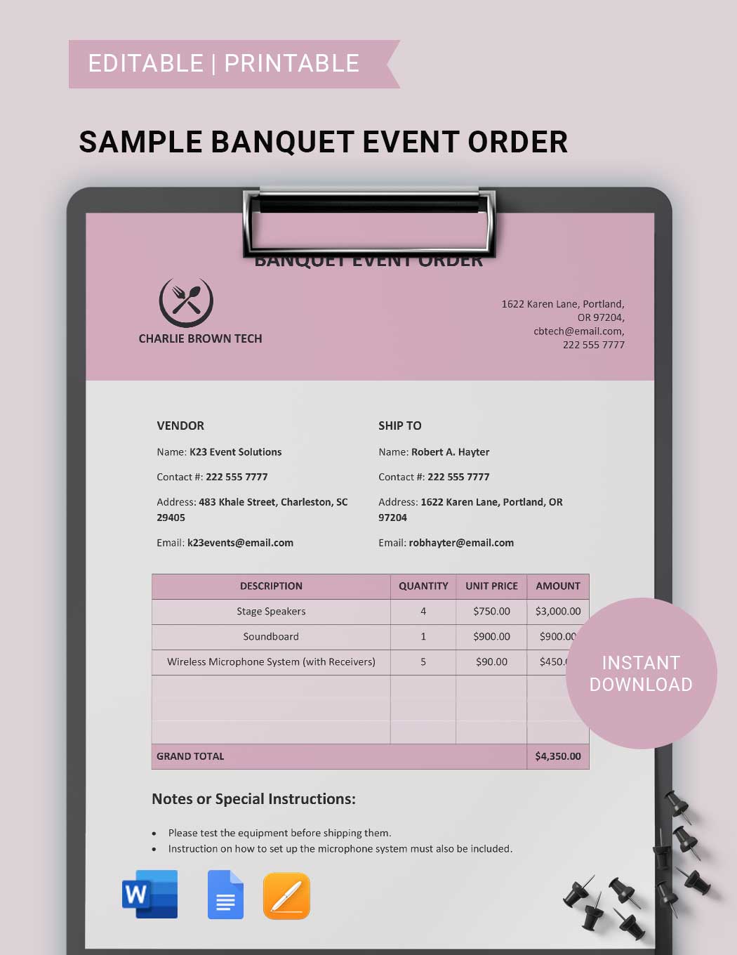 Free Sample Banquet Event Order Template