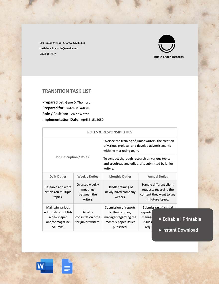 Transition Task List in Word, Google Docs, Pages - Download | Template.net
