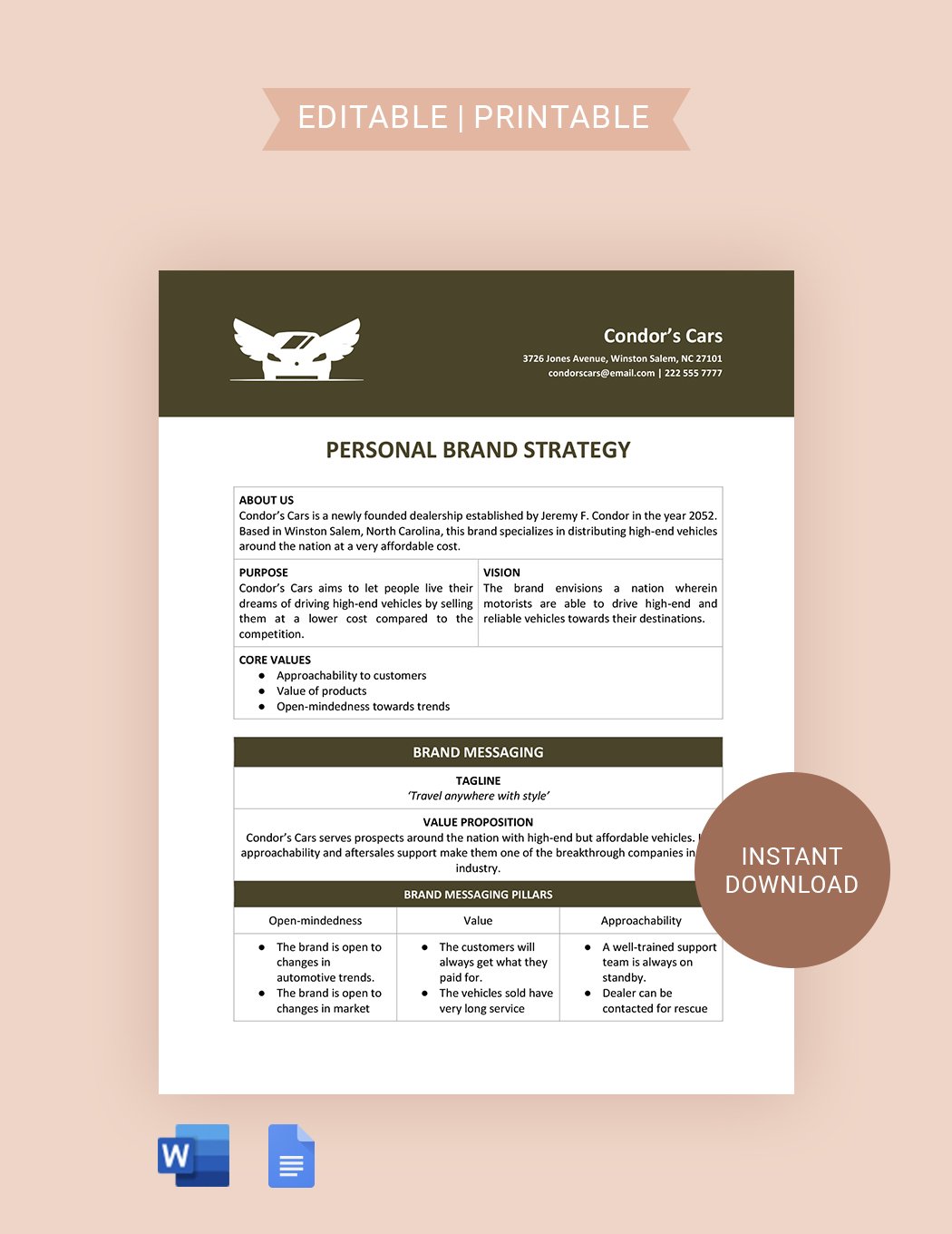 Personal Brand Strategy Template in Word, Google Docs