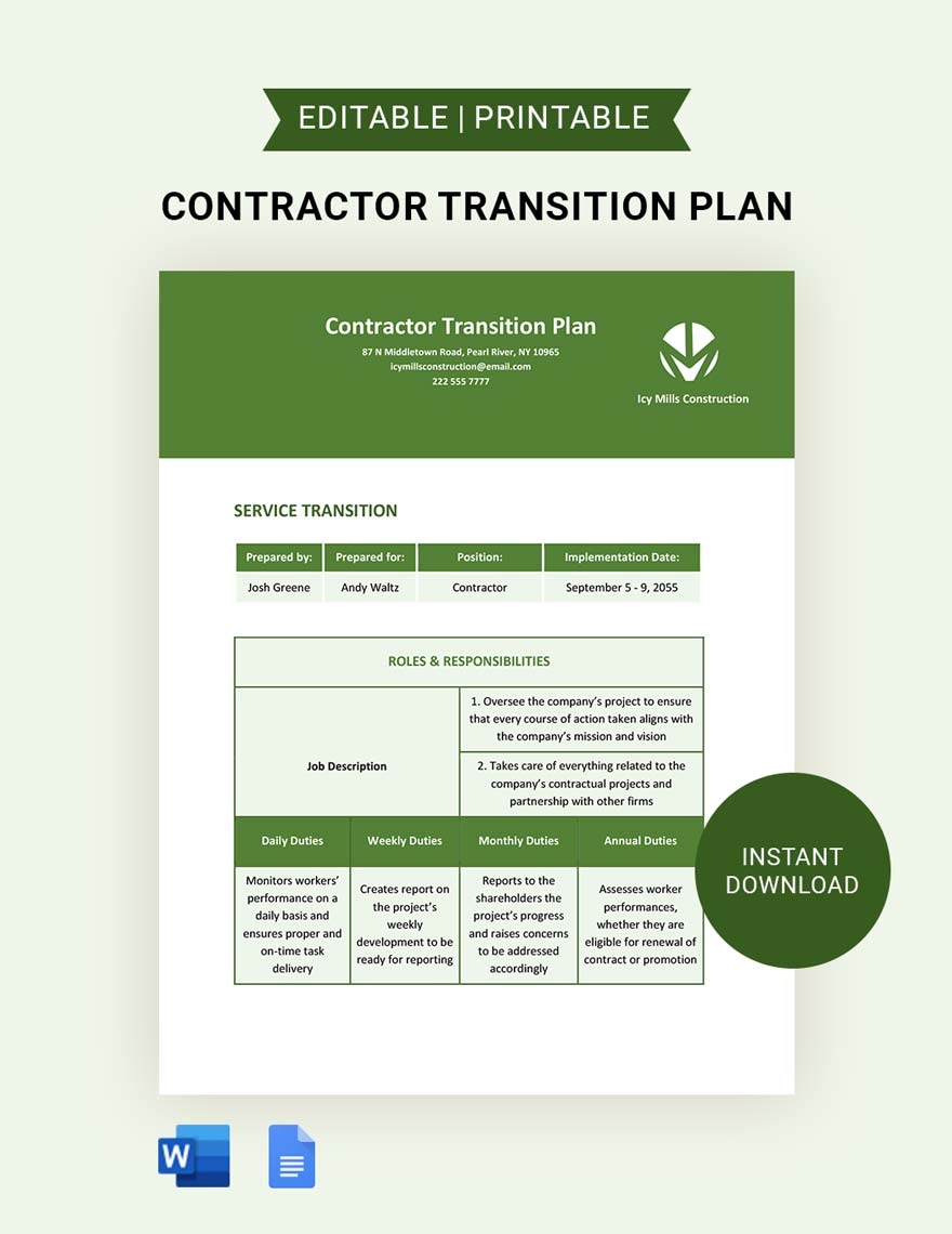 Contractor Transition Plan Template