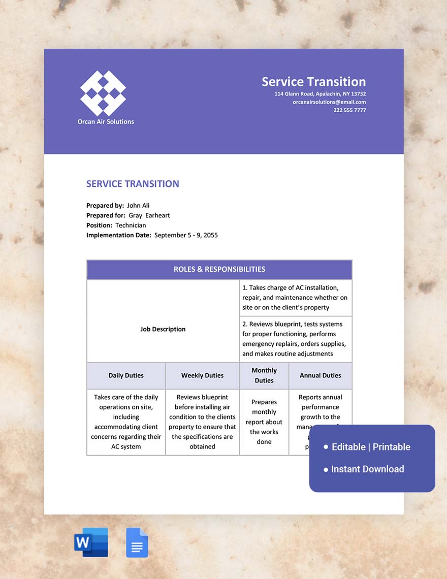 Service Transition Template in Word, Google Docs, Apple Pages