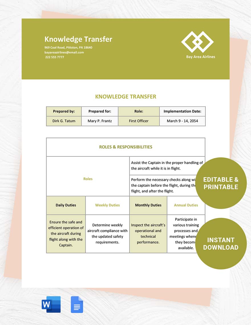 Knowledge Transfer Template in Word, Google Docs, Apple Pages