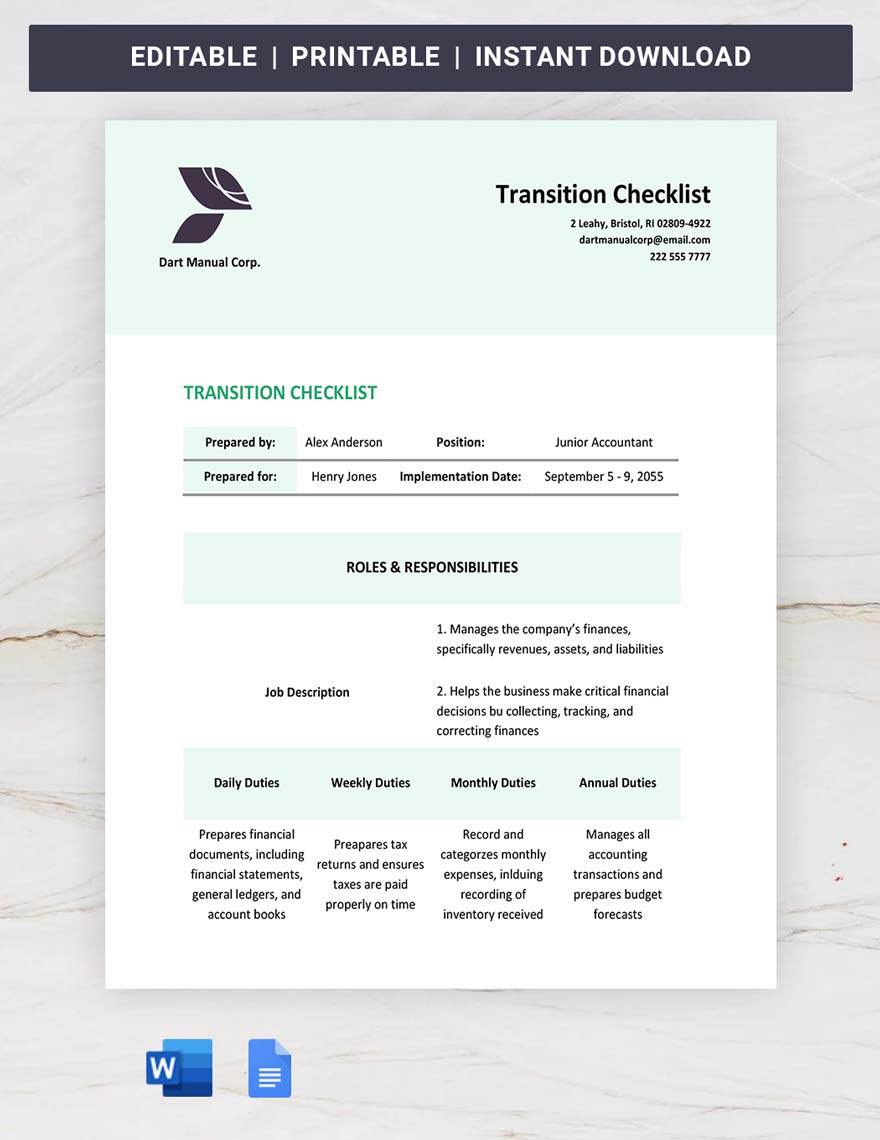 Transition Checklist Template in Word, Google Docs, Apple Pages