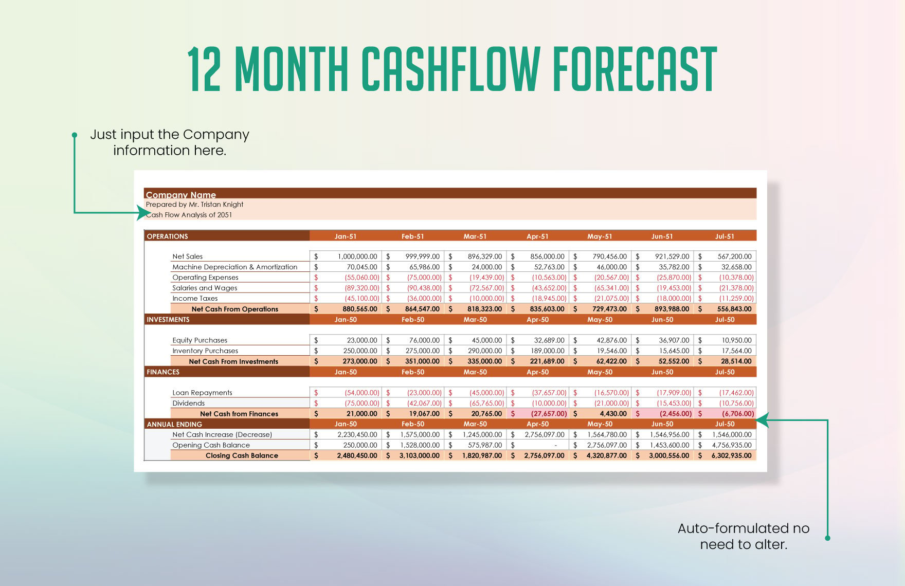 12-Month Cash Flow Forecast Template