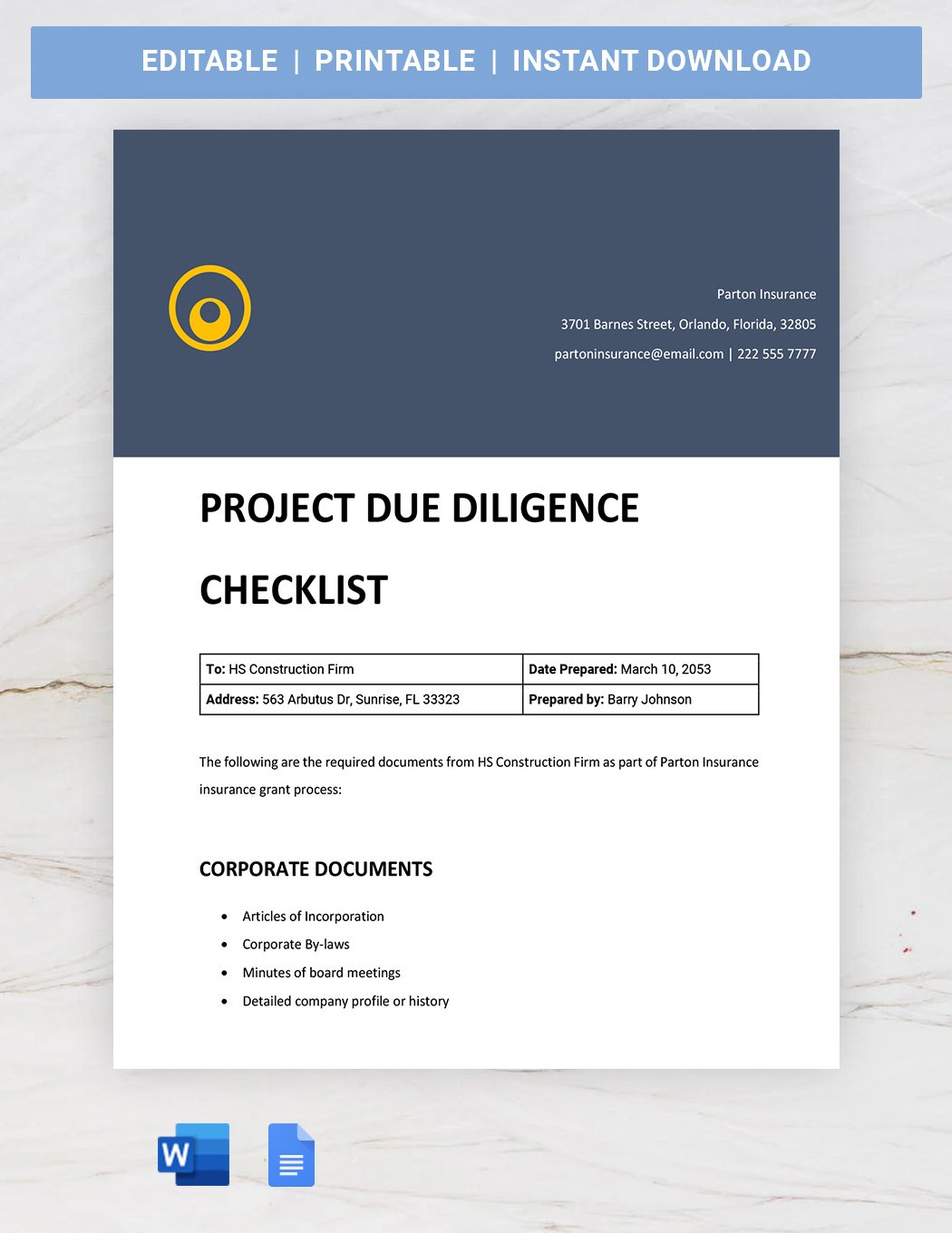 Project Due Diligence  in Word, Google Docs, Apple Pages