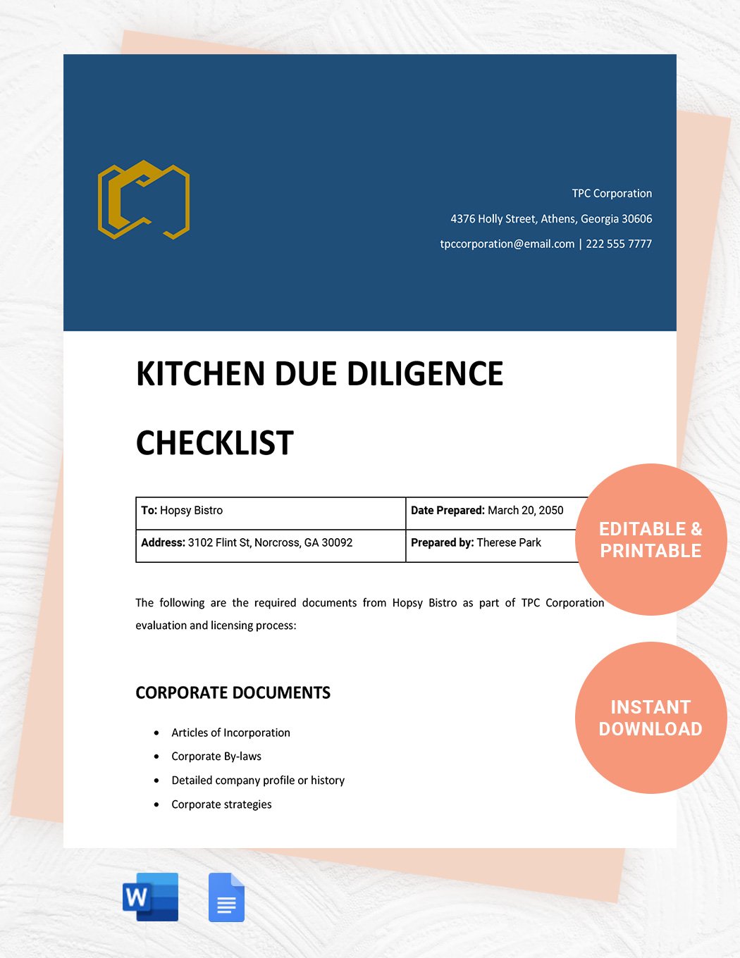 Kitchen Due Diligence  in Word, Google Docs, Apple Pages
