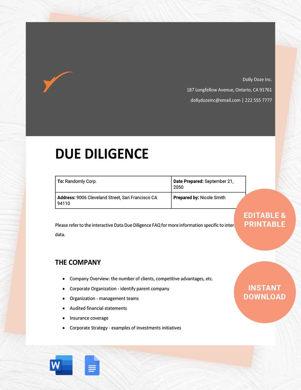 Due Diligence  in Word, Google Docs, Apple Pages