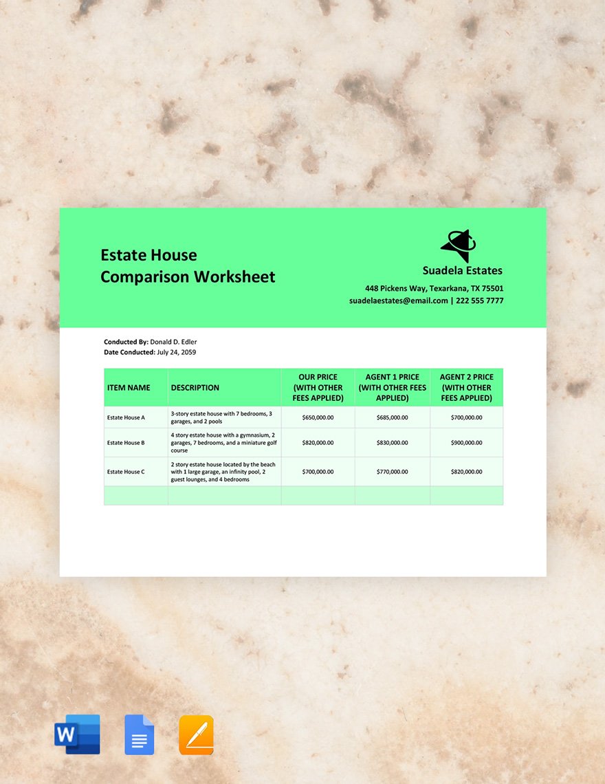 Estate House Comparison Worksheet in Word, Google Docs, Apple Pages