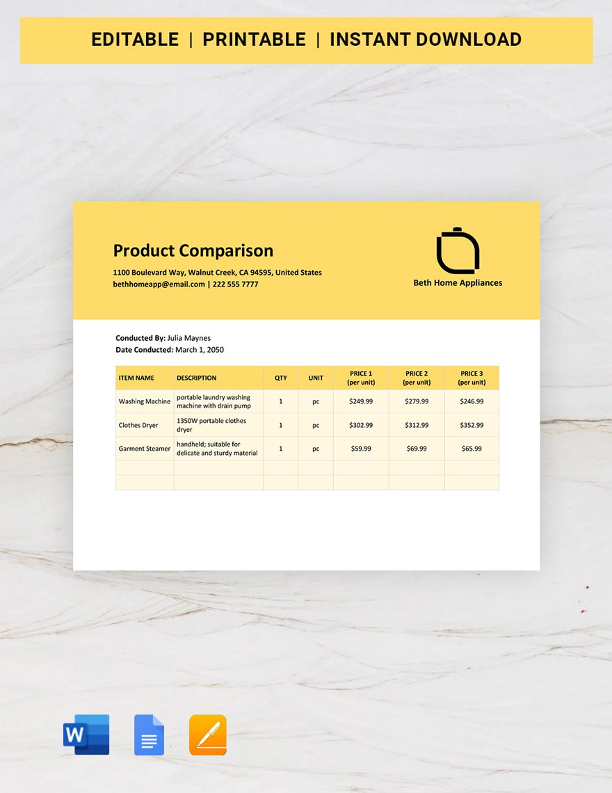 Product Comparison Template in Word, Google Docs, Apple Pages