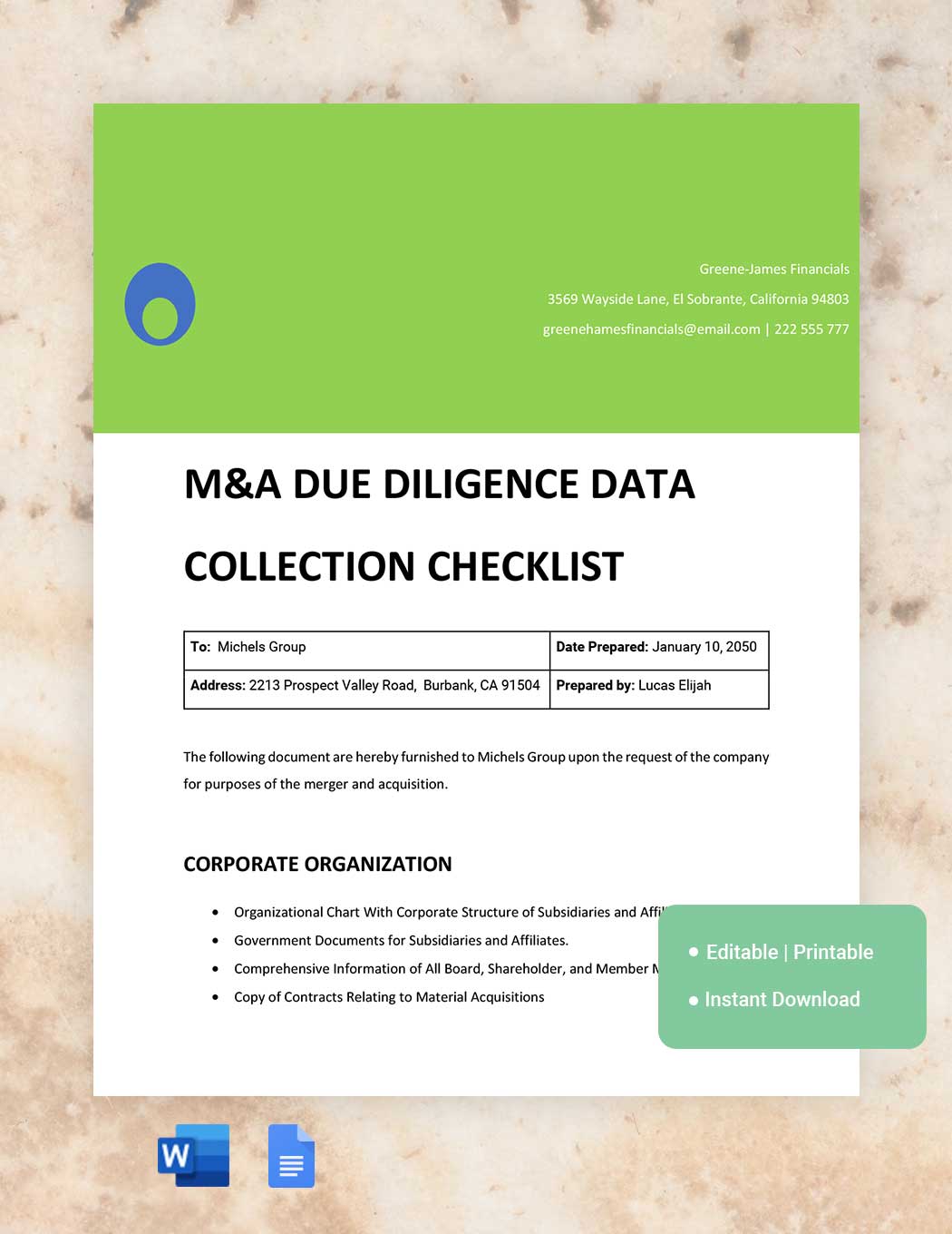 M&A Due Diligence Data Collection in Word, Google Docs, Apple Pages
