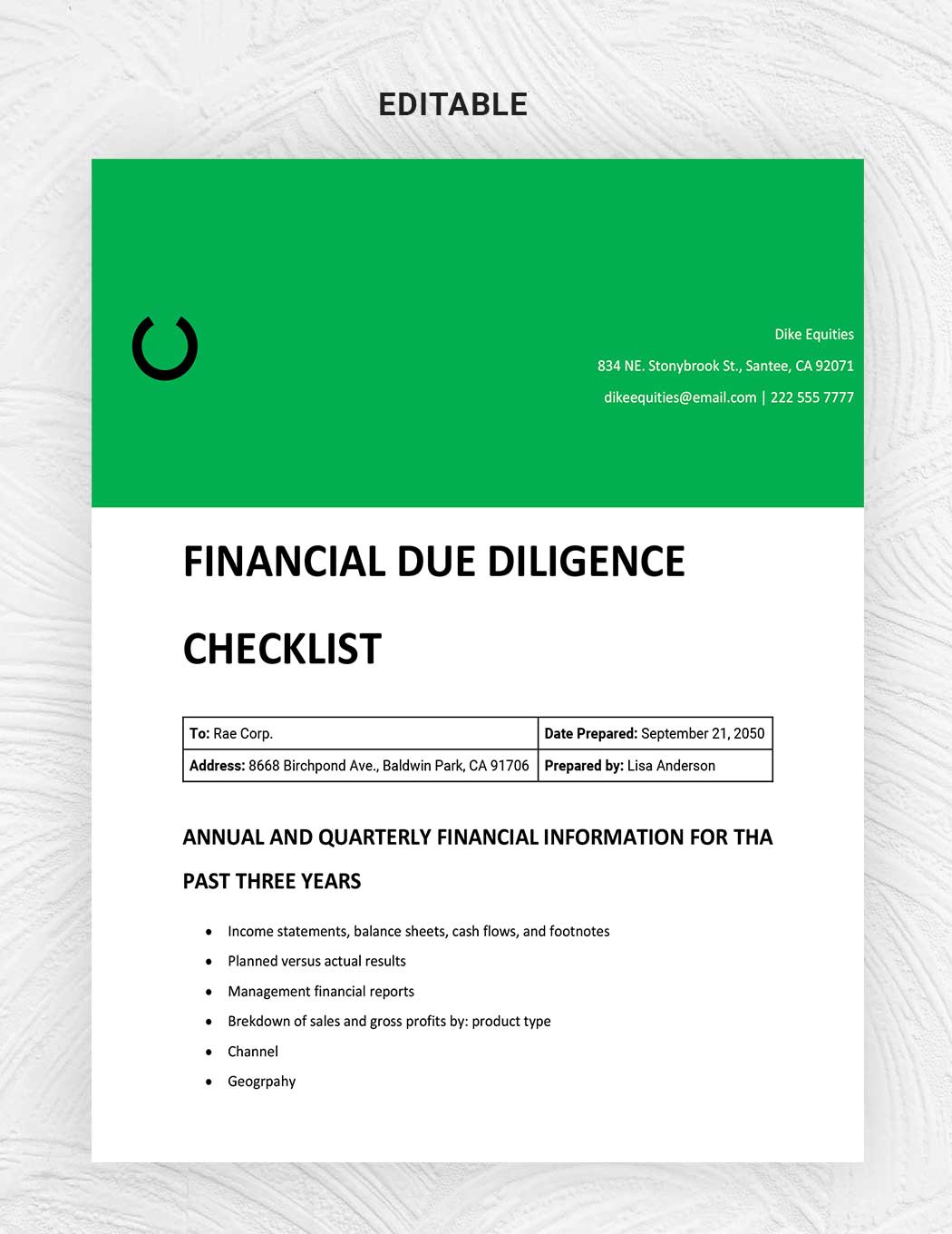 Financial Due Diligence Checklist Download in Word, Google Docs