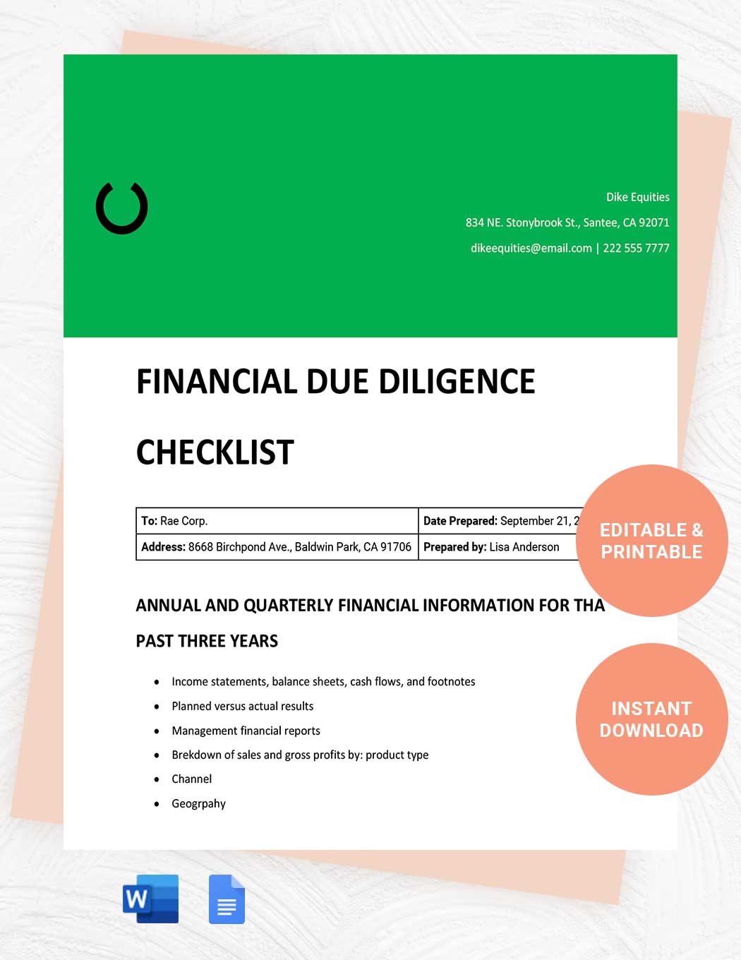 Financial Due Diligence Checklist  in Word, Google Docs, Apple Pages