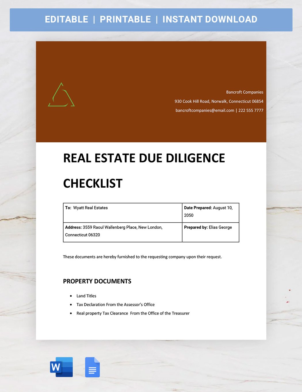 Real Estate Due Diligence Checklist  in Word, Google Docs